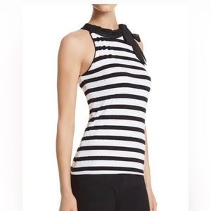 WH Black Market Stripe Pearl Detail Tie Neck Top